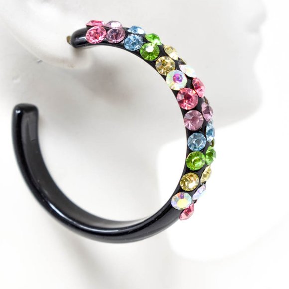 2" Diagonal Multicolor Rhinestones Black Hoops (B) - Picture 9 of 13